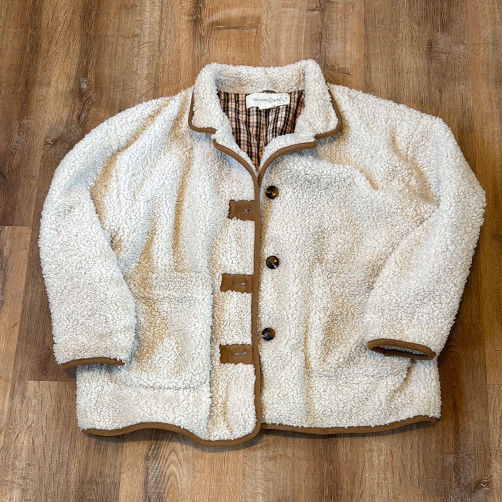 Treasure & Bond Cream Sherpa Jacket with Brown Plaid Lining women’s xl